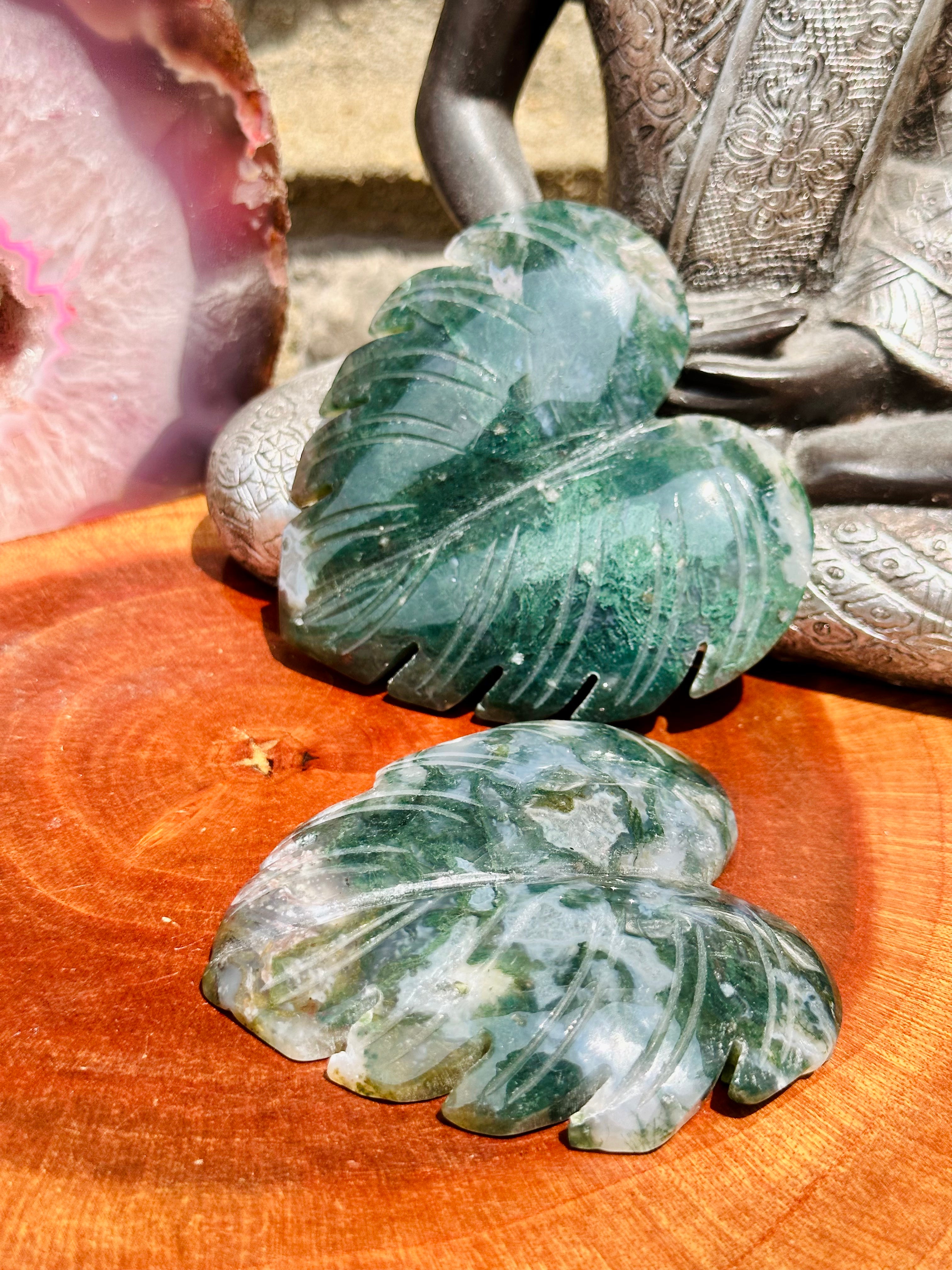 Moss Agate Monstera Leaf Carving
